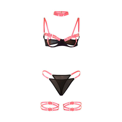 SUBBLIME - 955304 CONJUNTO DE SUTIÃ COM COLAR E DETALHES NAS PERNAS ROSA FLUORESCENTE L/XL - Sexshoptuga 