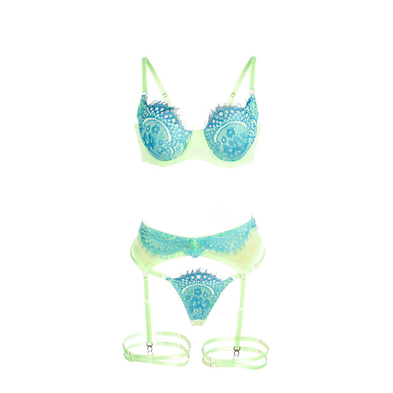 SUBBLIME - 955328 CONJUNTO DE SUTIÃ COM RENDA E LINHAS DE LIGA VERDE E AZUL L/XL - Sexshoptuga 
