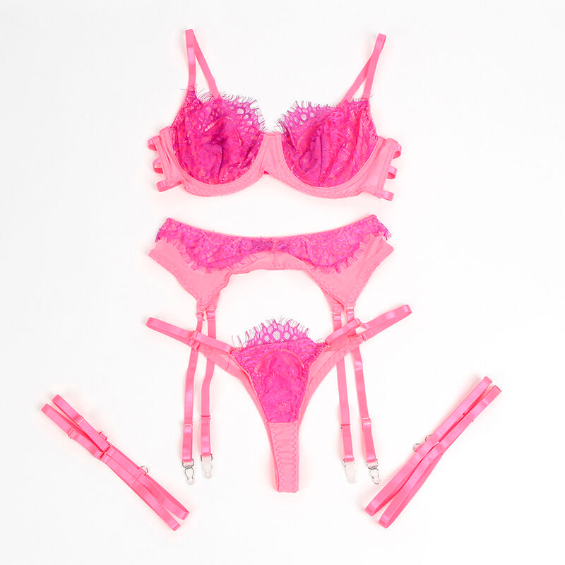 SUBBLIME - 955366 CONJUNTO DE SUTIÃ COM RENDA E LIGAS ROSA E ROXO L/XL - Sexshoptuga 